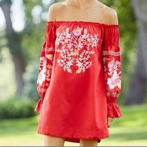 Free People Fleur du Jour Minidress Red Off the Shoulder Embroidery NWT
